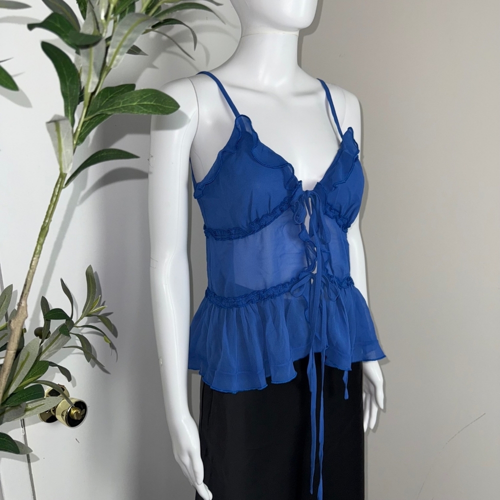 Commense lingerie top deep blue tie front see through Blouse ladies xl